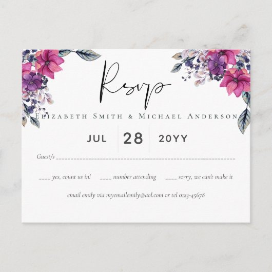 明るい赤紫色夢RSVPポストカードとメニューオプション ポストカード (正面)
