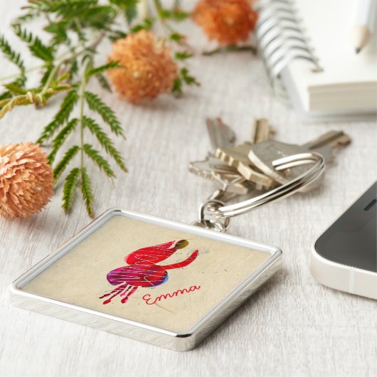 明るい赤紫色抽象芸術水色フローラ キーホルダー (側面)