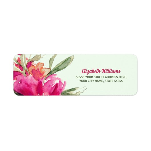 明るい赤紫色水彩フローラ差出人住所ラベル ラベル (正面)