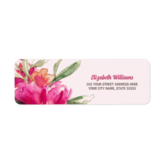 明るい赤紫色水彩フローラ差出人住所ラベル ラベル (正面)