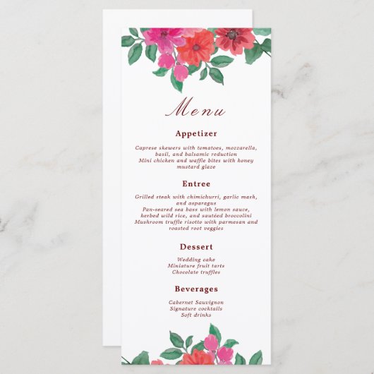 明るい赤紫色水彩フローラ結婚のメニュー メニュー (正面/裏面)