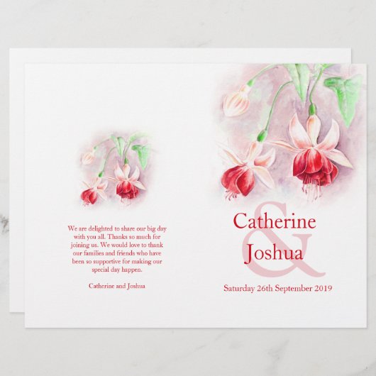 明るい赤紫色水彩レッドピンク結婚式 プログラム (正面/裏面)