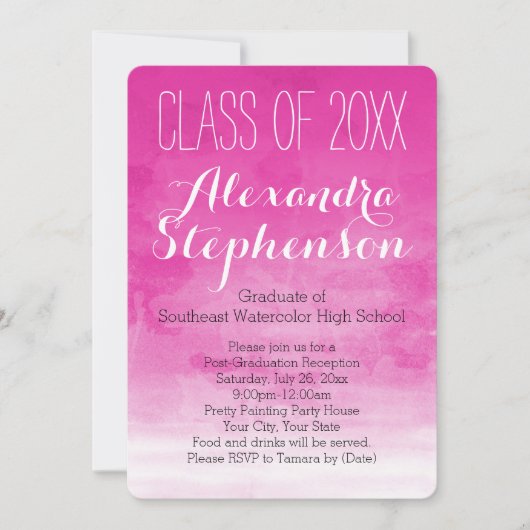 明るい赤紫色水彩卒業パーティー招待状 招待状 (正面)