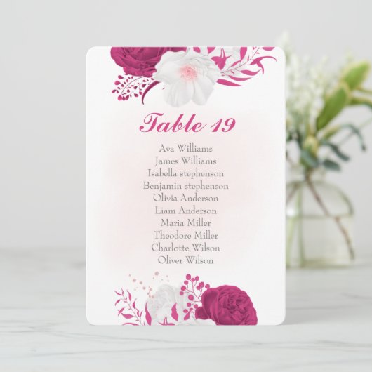 明るい赤紫色白い花の植物性座席チャートカード (スタンド正面)