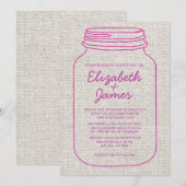 明るい赤紫色素朴バーラップメイソンジャー結婚式招待状 招待状 (正面/裏面)