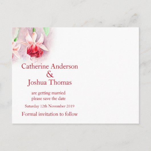 明るい赤紫色絵を描フラワーアートレッド日付カードを保存 案内ポストカード (裏面)