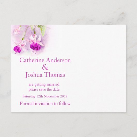 明るい赤紫色絵を描フラワーパープル日付カードを保存 案内ポストカード (裏面)