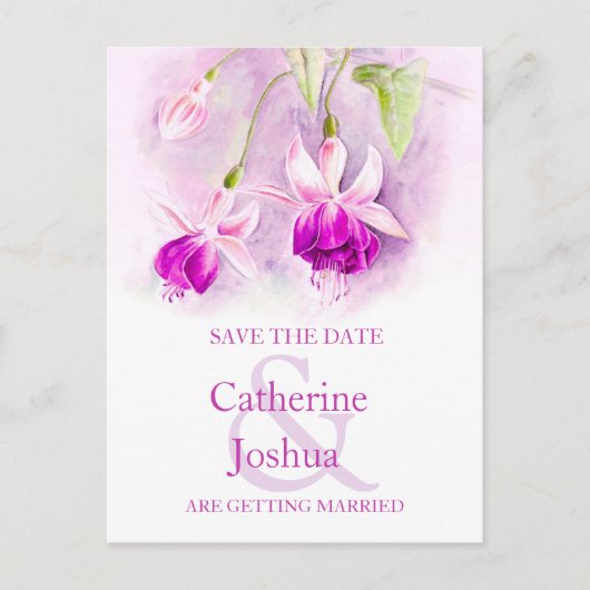 明るい赤紫色絵を描フラワーパープル日付カードを保存 案内ポストカード (正面)