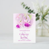 明るい赤紫色絵を描フラワーパープル日付カードを保存 案内ポストカード (スタンド正面)