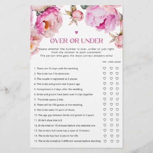 明るい赤紫色花びらの上または下のブライダルシャワーゲーム (正面)