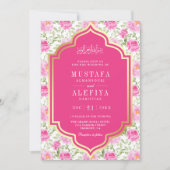 明るい赤紫色金ゴールドピンク花柄ムスリム結婚ズ 招待状 (正面)