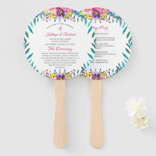 明るい赤紫色金ゴールドフローラシック結婚式 プログラムハンドファン ハンドファン (正面&裏面)