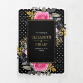 明るい赤紫色金ゴールドフローラバラオールインワンブラック結婚ズ 三つ折り招待状 (カバー)
