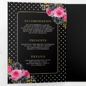 明るい赤紫色金ゴールドフローラバラオールインワンブラック結婚ズ 三つ折り招待状 (内部最初)