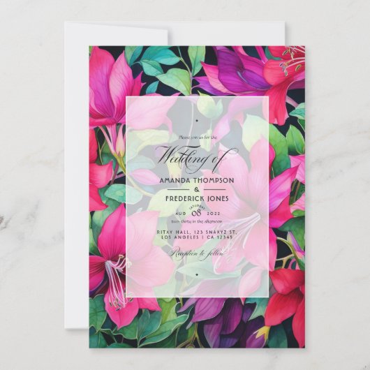明るい赤紫色、エメラルドグリーンとブラックフローラ 招待状 (正面)