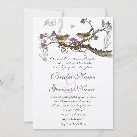明るい赤紫色&グレーヴィンテージ鳥の結婚式の招待 招待状 (正面)