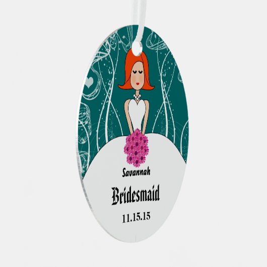明るい赤紫色&コーラル結婚の赤毛の花嫁 メタルオーナメント (正面右)