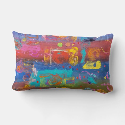 明るい赤紫色、ターコイズ、バイオレットおよび青の抽象芸術 ランバークッション (裏面)