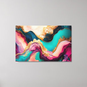 明るい赤紫色、パープル、ティール(緑がかった色)&金ゴールド大理石抽象芸術アート キャンバスプリント