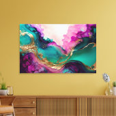 明るい赤紫色、パープル、ティール(緑がかった色)&金ゴールド大理石抽象芸術アート キャンバスプリント (インサイチュ (リビング))