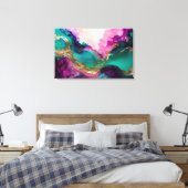 明るい赤紫色、パープル、ティール(緑がかった色)&金ゴールド大理石抽象芸術アート キャンバスプリント (インサイチュ (寝室))