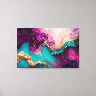 明るい赤紫色、パープル、ティール(緑がかった色)&金ゴールド大理石抽象芸術アート キャンバスプリント