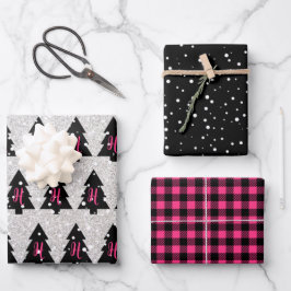 明るい赤紫色&ブラックモノグラムラッピング紙シート ラッピングペーパーシート