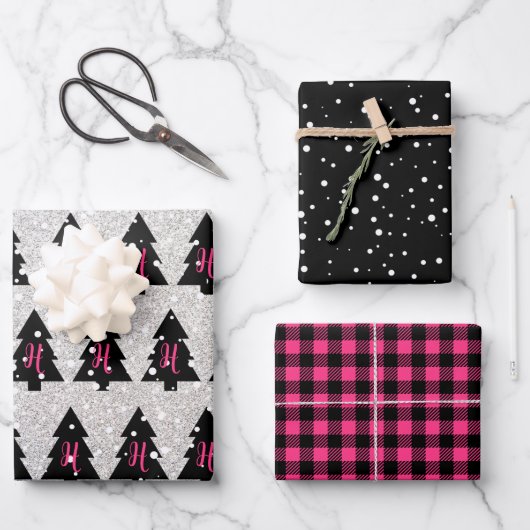 明るい赤紫色&ブラックモノグラムラッピング紙シート ラッピングペーパーシート (正面)