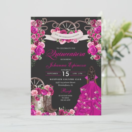 明るい赤紫色&ブラック女性のカーボーイウエスタンチャロキンセアニェラ 招待状 (スタンド正面)