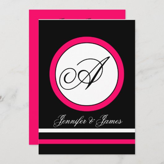 明るい赤紫色、黒く及び白いモノグラムの結婚式招待状 招待状 (正面/裏面)