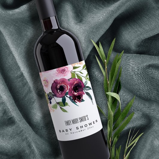 明るい赤面バーガンディフローラバンチ赤ちゃんシャワー ワインラベル