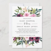 明るい赤面バーガンディフローラバンチ赤ちゃんシャワー 招待状 (正面)