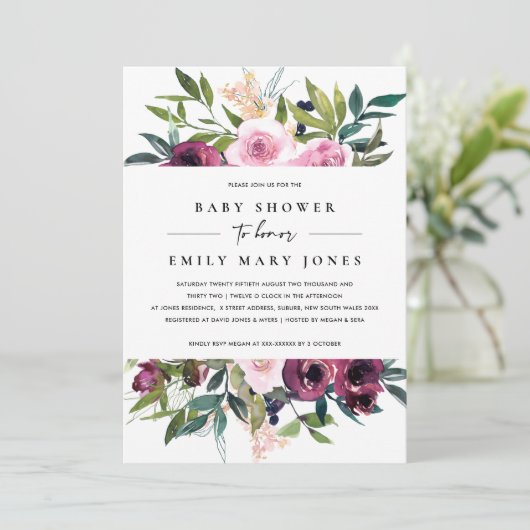 明るい赤面バーガンディフローラバンチ赤ちゃんシャワー 招待状 (スタンド正面)