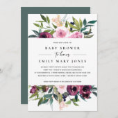 明るい赤面バーガンディフローラバンチ赤ちゃんシャワー 招待状 (正面/裏面)