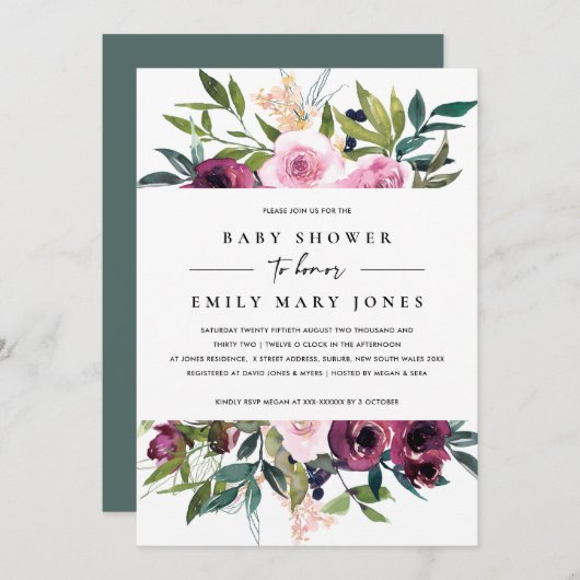 明るい赤面バーガンディフローラバンチ赤ちゃんシャワー 招待状 (正面/裏面)