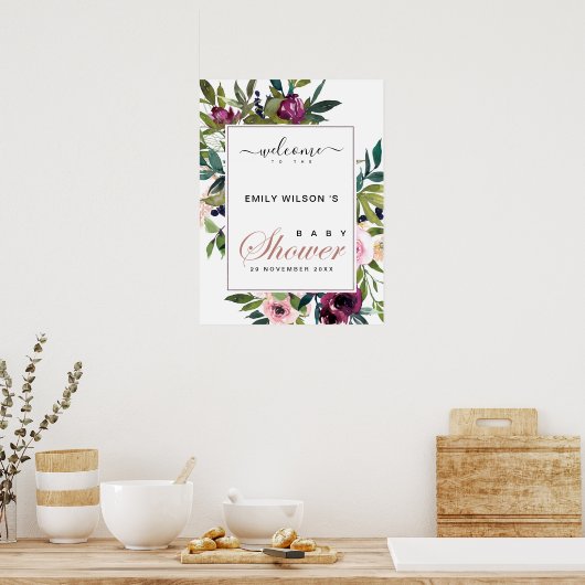 明るい赤面バーガンディフローラベビーシャワーへようこそ ポスター (キッチン)