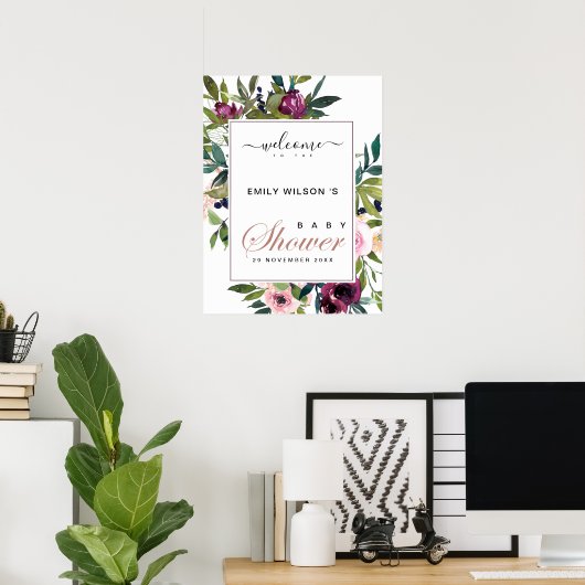 明るい赤面バーガンディフローラベビーシャワーへようこそ ポスター (ホームオフィス)