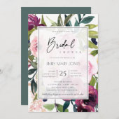 明るい赤面ブルグンフローラ束ブライダルシャワー 招待状 (正面/裏面)