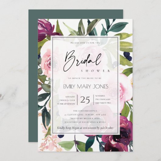 明るい赤面ブルグンフローラ束ブライダルシャワー 招待状 (正面/裏面)