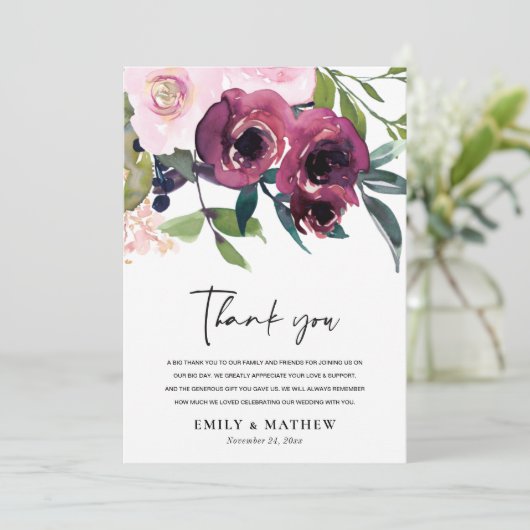 明るい赤面ブルゴーニュ水カラーフローラ束 サンキューカード (スタンド正面)