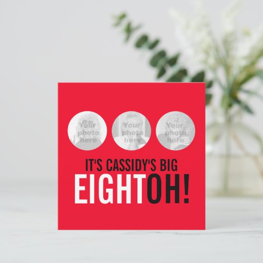 明るい赤80th EIGHTOH!フォトバースデー招待状 招待状 (スタンド正面)