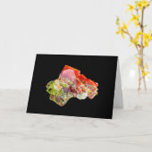 明るい赤Lustrous Wulfenite結晶の追加文字 カード (黄色い花)