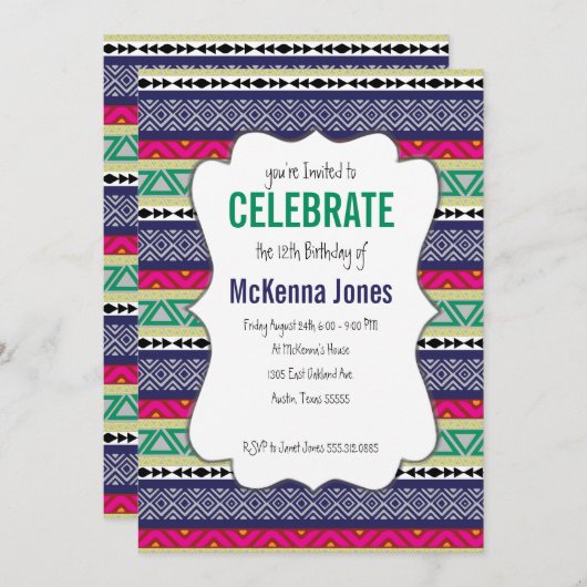 明るい部族パアステカターン誕生日招待状 招待状 (正面/裏面)