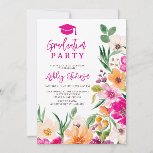 明るい野生の花のスクリプト写真の卒業 招待状 (正面)