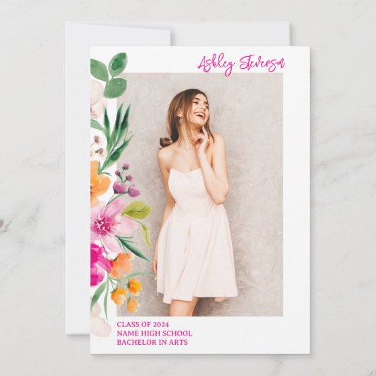 明るい野生の花のスクリプト写真の卒業 招待状 (裏面)