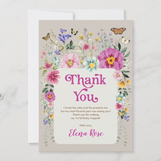 明るい野生の花バタフライ1st誕生日 サンキューカード (正面)
