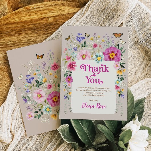 明るい野生の花バタフライ1st誕生日 サンキューカード