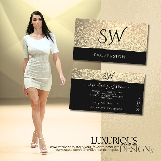 明るい金ゴールドグリッター明るい星イニシャルブラック 名刺