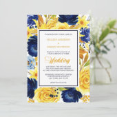明るい金ゴールドネイビーモダンブルーフローラ結婚式 招待状 (スタンド正面)