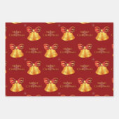 明るい金ゴールドベルと赤い雪の結晶クリスマス ラッピングペーパーシート (正面)